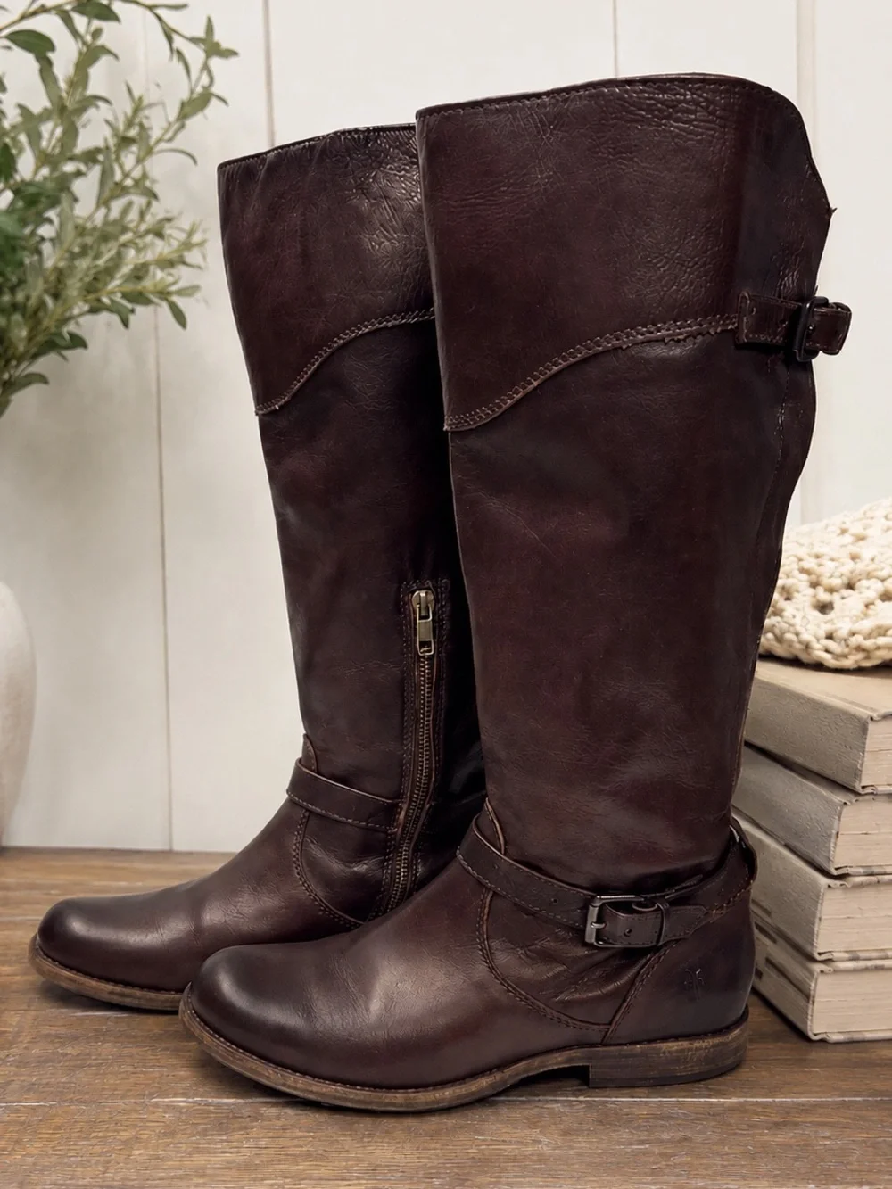 FRYE Phillip Dark Brown Leather Knee High Riding Boots Extended Calf Size 8.5